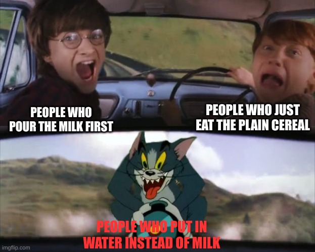 Tom chasing Harry and Ron Weasly | PEOPLE WHO JUST EAT THE PLAIN CEREAL; PEOPLE WHO POUR THE MILK FIRST; PEOPLE WHO PUT IN WATER INSTEAD OF MILK | image tagged in tom chasing harry and ron weasly | made w/ Imgflip meme maker