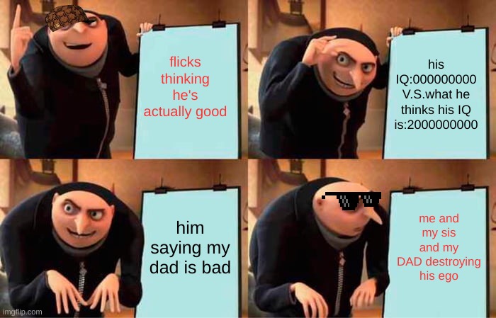 Gru's Plan Meme | flicks thinking he's actually good; his IQ:000000000 V.S.what he thinks his IQ is:2000000000; him saying my dad is bad; me and my sis and my DAD destroying his ego | image tagged in memes,gru's plan | made w/ Imgflip meme maker