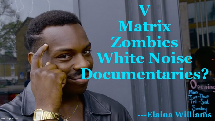 hood documentary | V
Matrix
Zombies
White Noise
Documentaries? ---Elaina Williams | image tagged in hood documentary | made w/ Imgflip meme maker