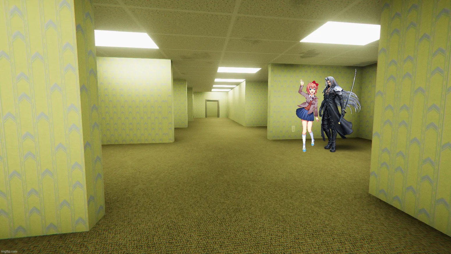 POV: You’re 682 and you just killed everything in the backrooms | image tagged in sayori and sephiroth | made w/ Imgflip meme maker