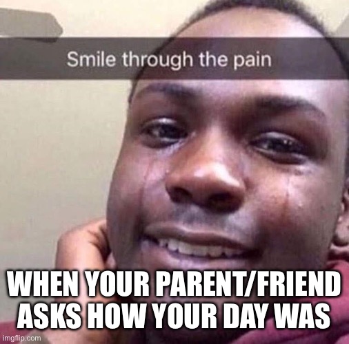 smile through the pain | WHEN YOUR PARENT/FRIEND ASKS HOW YOUR DAY WAS | image tagged in smile through the pain | made w/ Imgflip meme maker