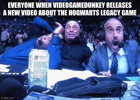 Genuinely hilarious, go watch it, it’s too minutes long | EVERYONE WHEN VIDEOGAMEDUNKEY RELEASES A NEW VIDEO ABOUT THE HOGWARTS LEGACY GAME | made w/ Imgflip meme maker