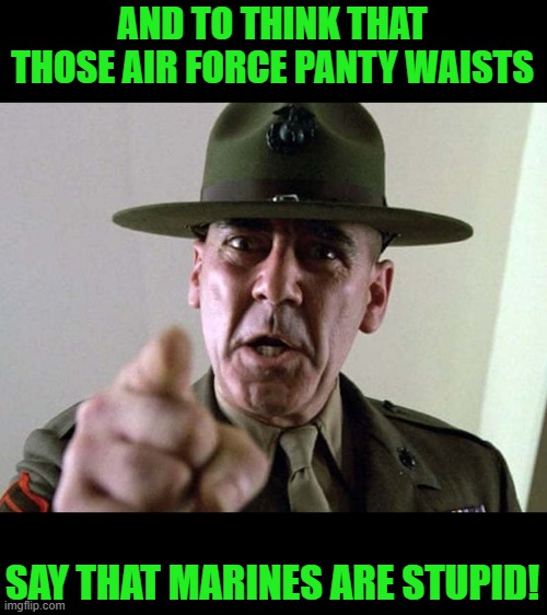 Gunny Ermey  R. Lee Ermey USMC | AND TO THINK THAT THOSE AIR FORCE PANTY WAISTS SAY THAT MARINES ARE STUPID! | image tagged in gunny ermey r lee ermey usmc | made w/ Imgflip meme maker