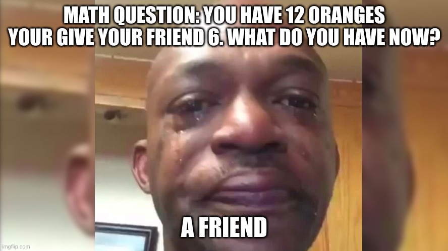 MATH QUESTION: YOU HAVE 12 ORANGES YOUR GIVE YOUR FRIEND 6. WHAT DO YOU HAVE NOW? A FRIEND | image tagged in math | made w/ Imgflip meme maker
