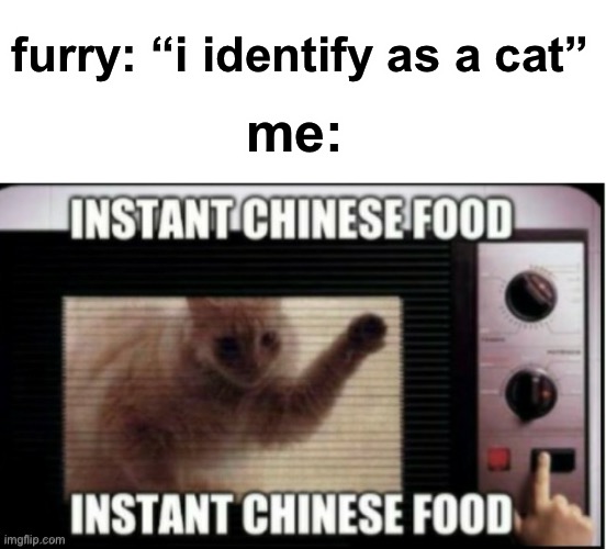 lol | furry: “i identify as a cat”; me: | image tagged in instant chinese food | made w/ Imgflip meme maker