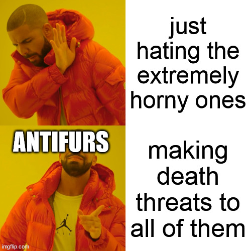 Drake Hotline Bling Meme | just hating the extremely horny ones making death threats to all of them ANTIFURS | image tagged in memes,drake hotline bling | made w/ Imgflip meme maker