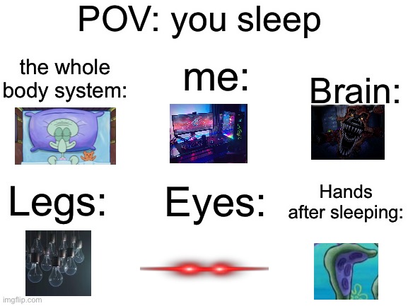 related? | POV: you sleep; the whole body system:; me:; Brain:; Hands after sleeping:; Legs:; Eyes: | image tagged in is this true,funny,memes,pov,ow,relatable | made w/ Imgflip meme maker