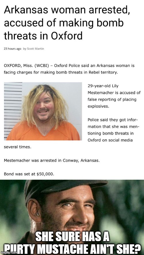 SHE SURE HAS A PURTY MUSTACHE AIN'T SHE? | image tagged in deliverance hillbilly | made w/ Imgflip meme maker