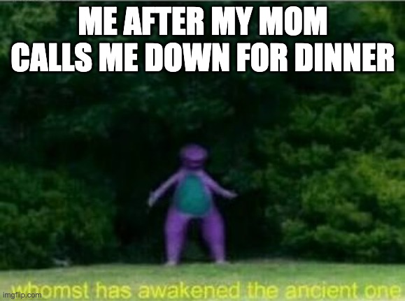 true | ME AFTER MY MOM CALLS ME DOWN FOR DINNER | image tagged in whomst has awakened the ancient one | made w/ Imgflip meme maker