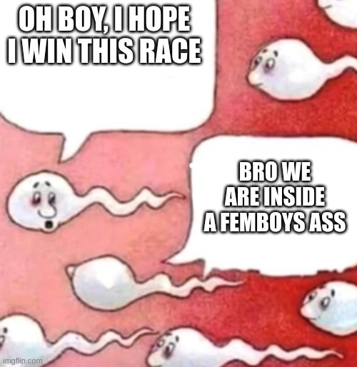 Sperm conversation | OH BOY, I HOPE I WIN THIS RACE; BRO WE ARE INSIDE A FEMBOYS ASS | image tagged in sperm conversation | made w/ Imgflip meme maker