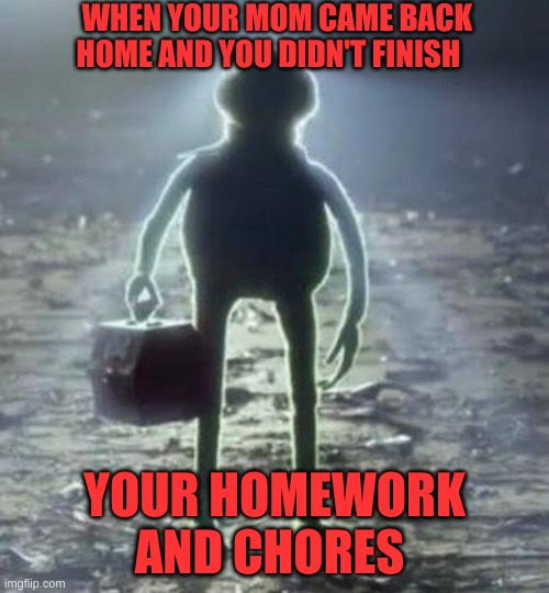 meme kermit | WHEN YOUR MOM CAME BACK HOME AND YOU DIDN'T FINISH; YOUR HOMEWORK AND CHORES | image tagged in bruh moment | made w/ Imgflip meme maker
