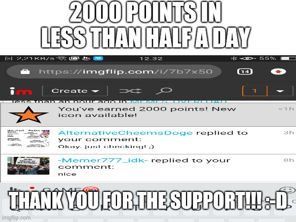 LESSSGOOOOOOOOO | 2000 POINTS IN LESS THAN HALF A DAY; THANK YOU FOR THE SUPPORT!!! :-D | image tagged in imgflip points | made w/ Imgflip meme maker