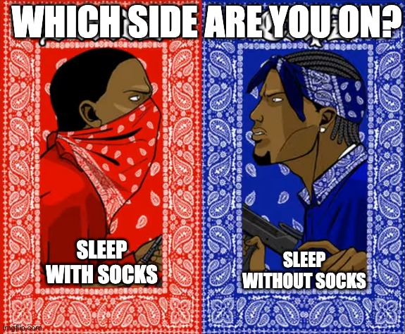 lets settle this debate | WHICH SIDE ARE YOU ON? SLEEP WITHOUT SOCKS; SLEEP WITH SOCKS | image tagged in which side are you on | made w/ Imgflip meme maker