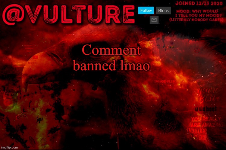 Comment banned lmao | image tagged in vulture s template that he uses when he wants to say something | made w/ Imgflip meme maker