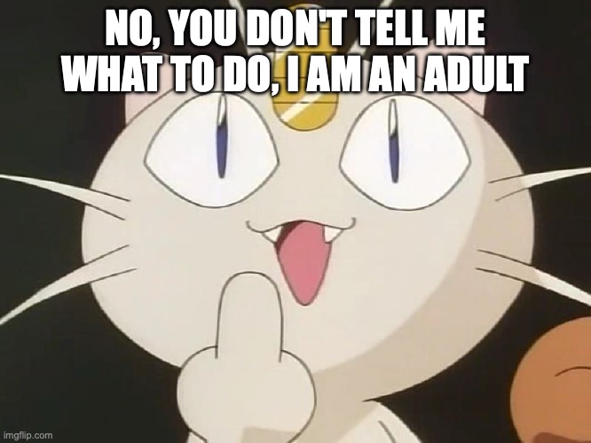 Meowth is indeed an adult, but he doesn't want to evolve into Persian | NO, YOU DON'T TELL ME WHAT TO DO, I AM AN ADULT | image tagged in meowth middle claw,meowth,x,porygon,series,continues | made w/ Imgflip meme maker