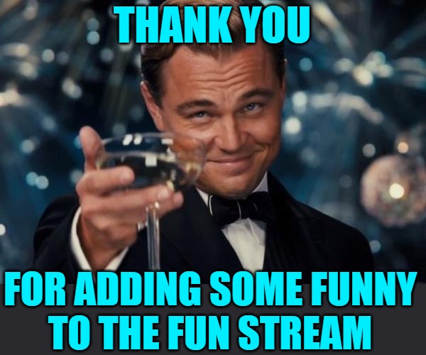 Leonardo Dicaprio Cheers Meme | THANK YOU FOR ADDING SOME FUNNY
TO THE FUN STREAM | image tagged in memes,leonardo dicaprio cheers | made w/ Imgflip meme maker