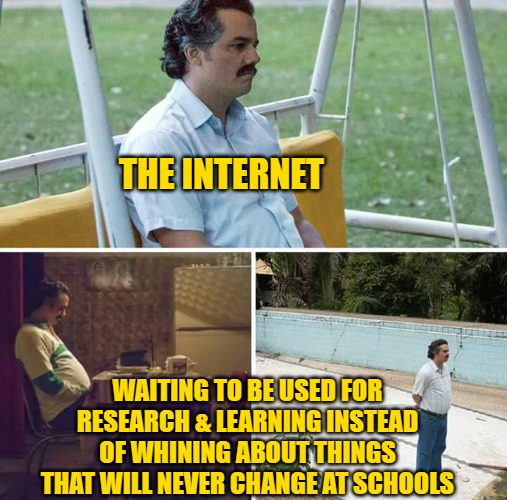 Sad Pablo Escobar Meme | THE INTERNET WAITING TO BE USED FOR RESEARCH & LEARNING INSTEAD OF WHINING ABOUT THINGS THAT WILL NEVER CHANGE AT SCHOOLS | image tagged in memes,sad pablo escobar | made w/ Imgflip meme maker