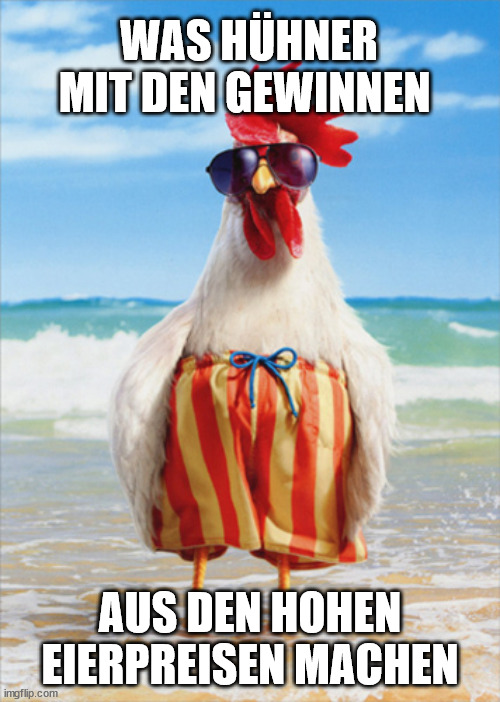 chicken on vacation | WAS HÜHNER MIT DEN GEWINNEN; AUS DEN HOHEN EIERPREISEN MACHEN | image tagged in chicken on vacation | made w/ Imgflip meme maker