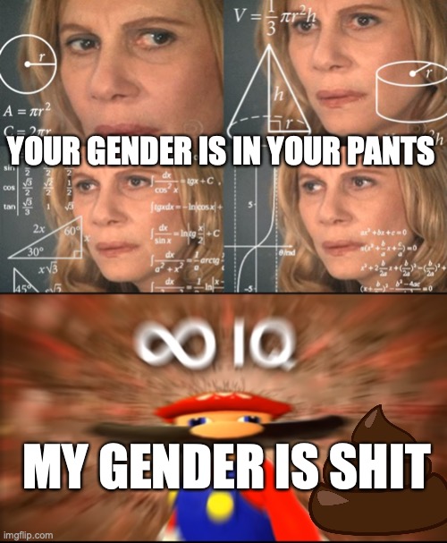 muhahahahahahah | YOUR GENDER IS IN YOUR PANTS; MY GENDER IS SHIT | image tagged in calculating meme,infinity iq mario | made w/ Imgflip meme maker