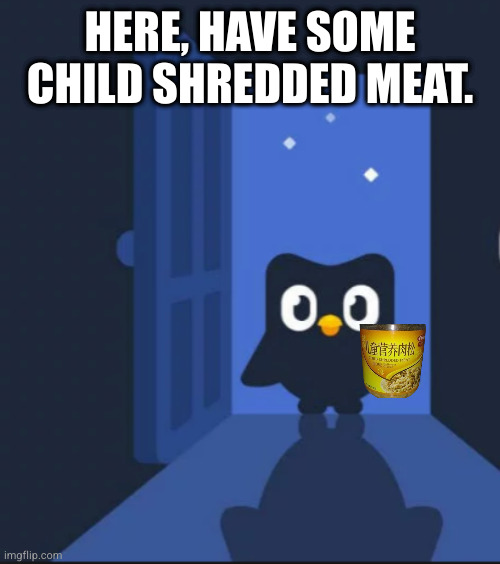 Duolingo bird | HERE, HAVE SOME CHILD SHREDDED MEAT. | image tagged in fuke,child shredded meat | made w/ Imgflip meme maker