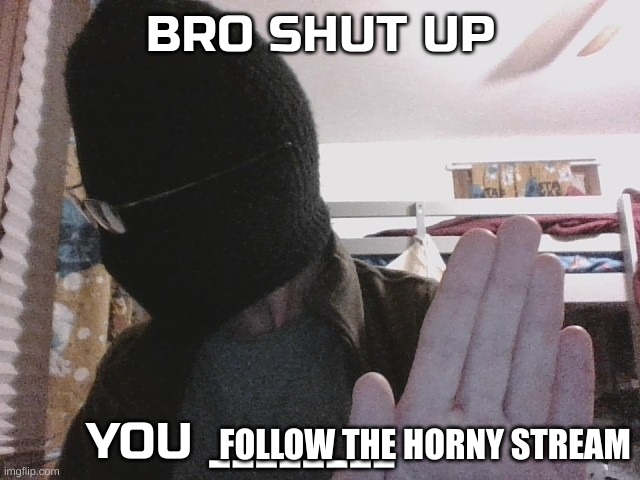 I'm back | FOLLOW THE HORNY STREAM | image tagged in bro shut up you x | made w/ Imgflip meme maker