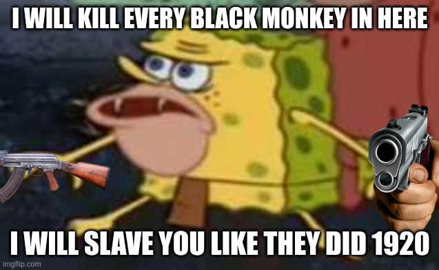 Hahahaha | I WILL KILL EVERY BLACK MONKEY IN HERE; I WILL SLAVE YOU LIKE THEY DID 1920 | image tagged in memes,spongegar | made w/ Imgflip meme maker