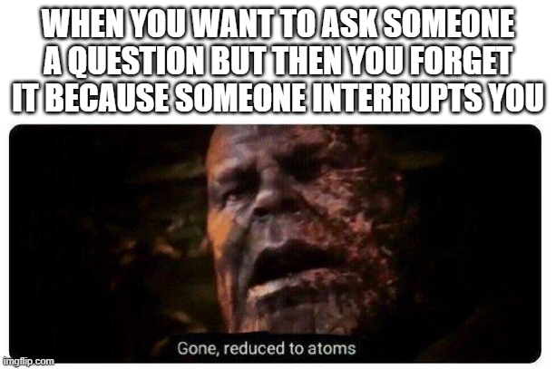 gone reduced to atoms | WHEN YOU WANT TO ASK SOMEONE A QUESTION BUT THEN YOU FORGET IT BECAUSE SOMEONE INTERRUPTS YOU | image tagged in gone reduced to atoms,relatable | made w/ Imgflip meme maker
