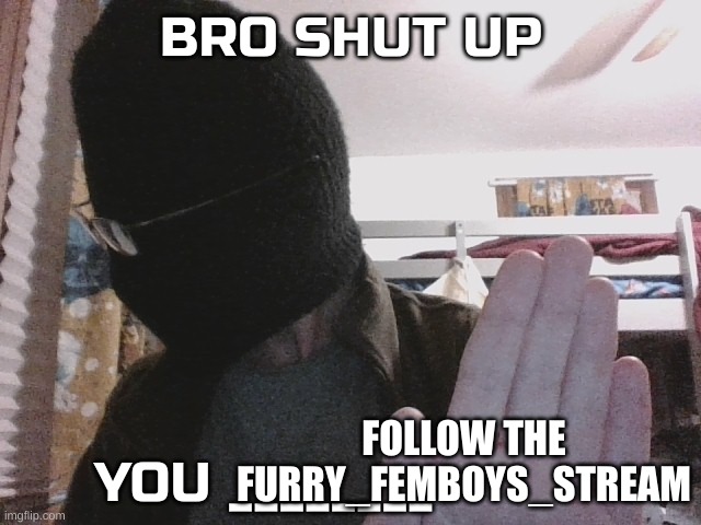 Yes, that is an actual stream. Might not be the exact title, but you get the idea I'm sure | FOLLOW THE FURRY_FEMBOYS_STREAM | image tagged in bro shut up you x | made w/ Imgflip meme maker