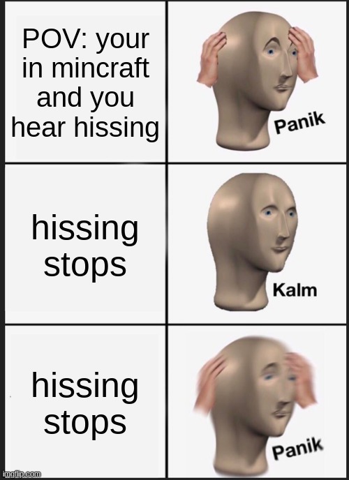 Panik Kalm Panik Meme | POV: your in mincraft and you hear hissing; hissing stops; hissing stops | image tagged in memes,panik kalm panik | made w/ Imgflip meme maker