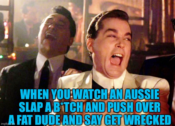 Refreshing | WHEN YOU WATCH AN AUSSIE SLAP A B*TCH AND PUSH OVER A FAT DUDE AND SAY GET WRECKED | image tagged in memes,good fellas hilarious | made w/ Imgflip meme maker