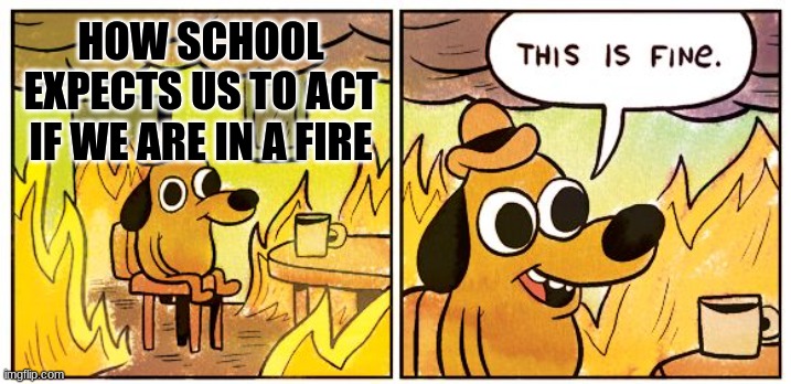 If this happens I am sprinting out | HOW SCHOOL EXPECTS US TO ACT IF WE ARE IN A FIRE | image tagged in memes,this is fine | made w/ Imgflip meme maker