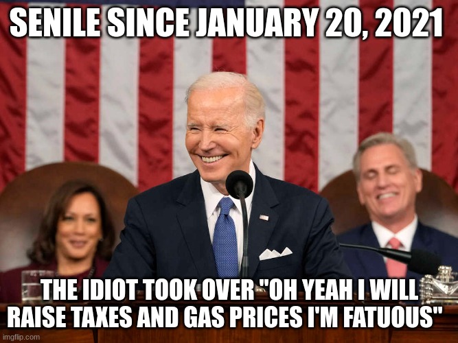 The Idiot | SENILE SINCE JANUARY 20, 2021; THE IDIOT TOOK OVER "OH YEAH I WILL RAISE TAXES AND GAS PRICES I'M FATUOUS" | made w/ Imgflip meme maker