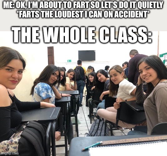 busted… | ME: OK, I’M ABOUT TO FART SO LET’S DO IT QUIETLY
*FARTS THE LOUDEST I CAN ON ACCIDENT*; THE WHOLE CLASS: | image tagged in girls in class looking back | made w/ Imgflip meme maker