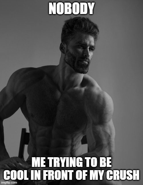 Giga Chad | NOBODY; ME TRYING TO BE COOL IN FRONT OF MY CRUSH | image tagged in giga chad | made w/ Imgflip meme maker