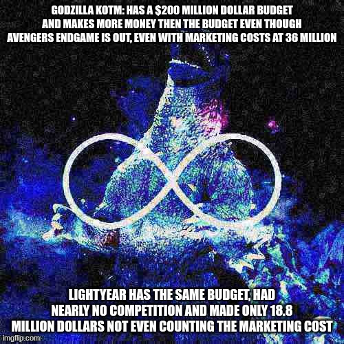 Godzilla made more money then lightyear. Like, why. | GODZILLA KOTM: HAS A $200 MILLION DOLLAR BUDGET AND MAKES MORE MONEY THEN THE BUDGET EVEN THOUGH AVENGERS ENDGAME IS OUT, EVEN WITH MARKETING COSTS AT 36 MILLION; LIGHTYEAR HAS THE SAME BUDGET, HAD NEARLY NO COMPETITION AND MADE ONLY 18.8 MILLION DOLLARS NOT EVEN COUNTING THE MARKETING COST | image tagged in infinite laughing godzilla deep-fried,godzilla | made w/ Imgflip meme maker