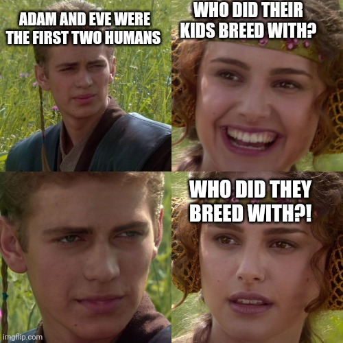 If you don't want to go to Sunday school anymore, just ask this question | ADAM AND EVE WERE THE FIRST TWO HUMANS; WHO DID THEIR KIDS BREED WITH? WHO DID THEY BREED WITH?! | image tagged in anakin padme 4 panel,satan,god,jesus,the bible | made w/ Imgflip meme maker