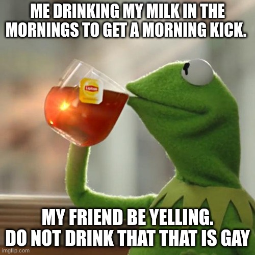 But That's None Of My Business Meme | ME DRINKING MY MILK IN THE MORNINGS TO GET A MORNING KICK. MY FRIEND BE YELLING. DO NOT DRINK THAT THAT IS GAY | image tagged in memes,but that's none of my business,kermit the frog | made w/ Imgflip meme maker