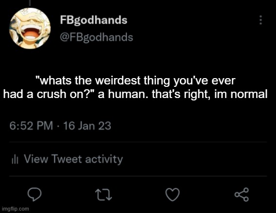 how you gonna tell me you got a crush on a fox or something with a straight face? | "whats the weirdest thing you've ever had a crush on?" a human. that's right, im normal | image tagged in pie charts | made w/ Imgflip meme maker