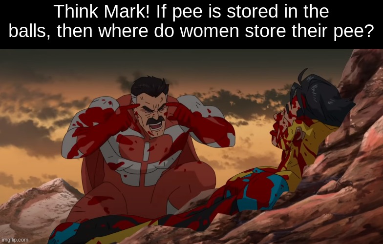 Think Mark Think | Think Mark! If pee is stored in the balls, then where do women store their pee? | image tagged in think mark think | made w/ Imgflip meme maker