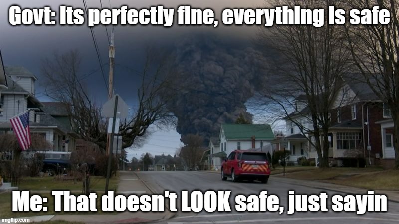 Ohio train derailment | Govt: Its perfectly fine, everything is safe; Me: That doesn't LOOK safe, just sayin | image tagged in trust the government,liars,disaster,train | made w/ Imgflip meme maker