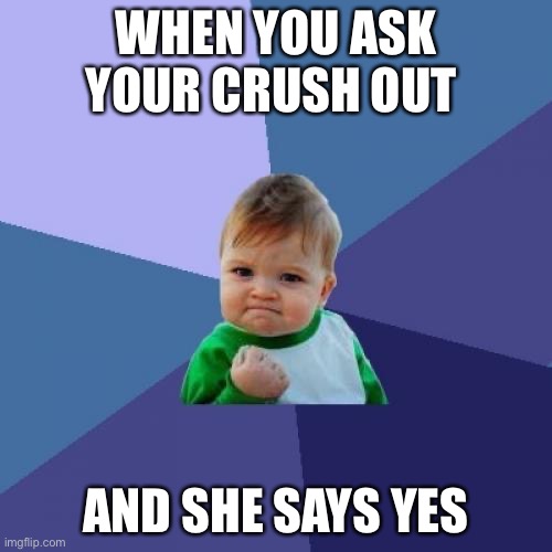 Success Kid Meme | WHEN YOU ASK YOUR CRUSH OUT; AND SHE SAYS YES | image tagged in memes,success kid | made w/ Imgflip meme maker