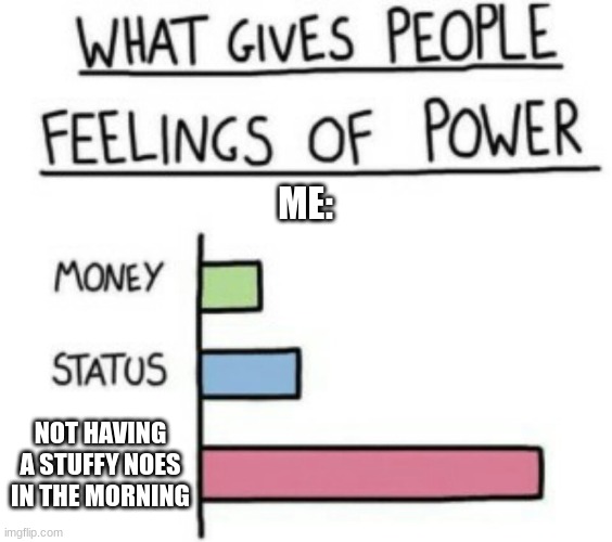 What Gives People Feelings of Power | ME:; NOT HAVING A STUFFY NOES IN THE MORNING | image tagged in what gives people feelings of power | made w/ Imgflip meme maker