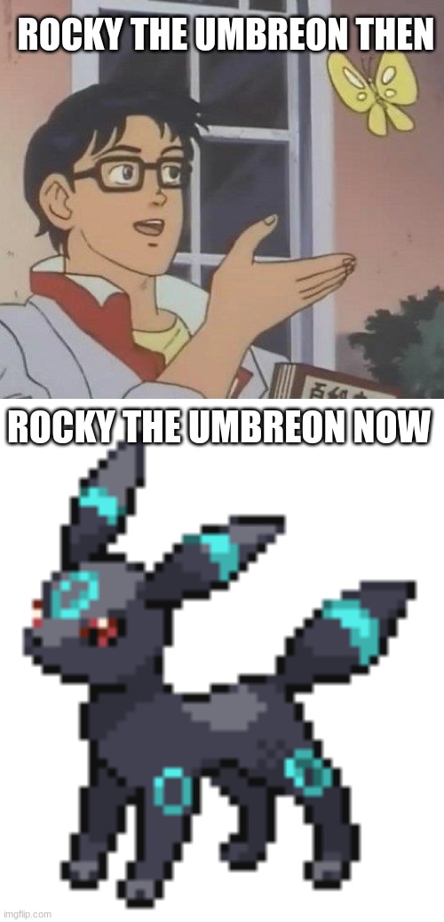 .. | ROCKY THE UMBREON THEN; ROCKY THE UMBREON NOW | image tagged in memes,is this a pigeon,rocky the umbreon | made w/ Imgflip meme maker
