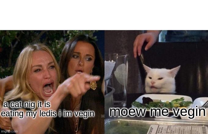 Woman Yelling At Cat | a cat nig it is eating my ledis i im vegin; moew me vegin | image tagged in memes,woman yelling at cat | made w/ Imgflip meme maker