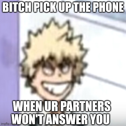 Is this just me ? | BITCH PICK UP THE PHONE; WHEN UR PARTNERS WON'T ANSWER YOU | image tagged in bakugo sero smile | made w/ Imgflip meme maker