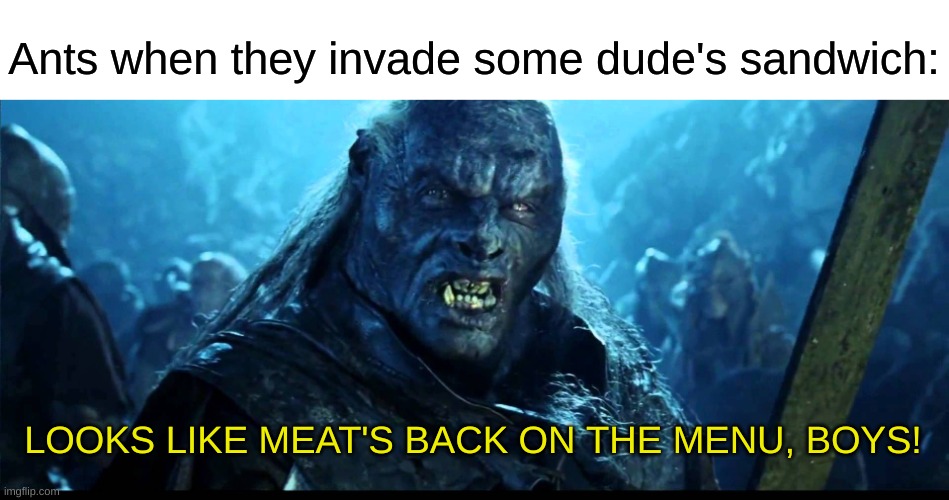 [insert funny title here] | Ants when they invade some dude's sandwich:; LOOKS LIKE MEAT'S BACK ON THE MENU, BOYS! | image tagged in looks like meat's back on the menu boys,memes | made w/ Imgflip meme maker