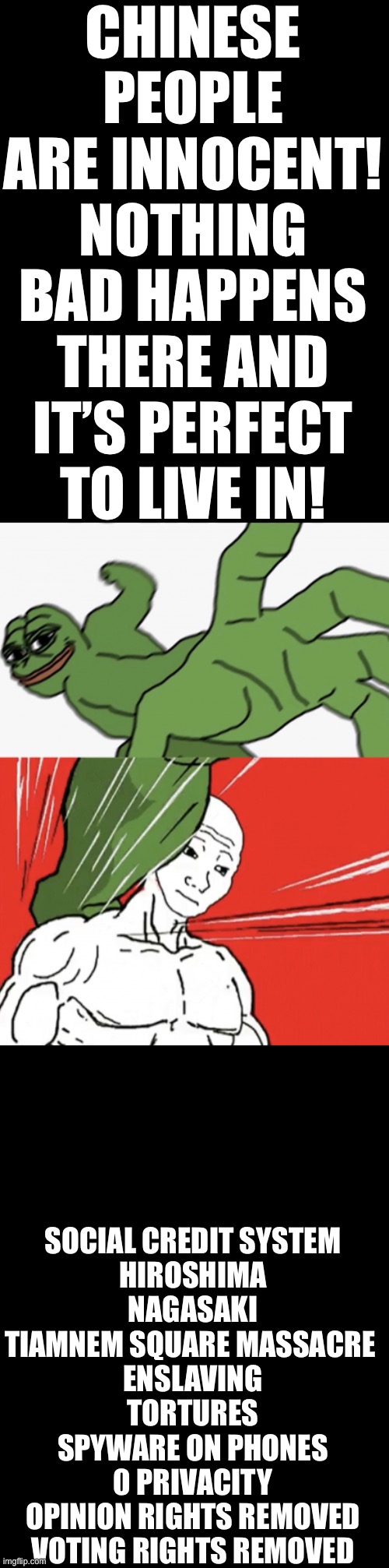 Pepe punch vs. Dodging Wojak | CHINESE PEOPLE ARE INNOCENT! NOTHING BAD HAPPENS THERE AND IT’S PERFECT TO LIVE IN! SOCIAL CREDIT SYSTEM
HIROSHIMA
NAGASAKI
TIAMNEM SQUARE MASSACRE 
ENSLAVING
TORTURES
SPYWARE ON PHONES
0 PRIVACITY
OPINION RIGHTS REMOVED
VOTING RIGHTS REMOVED | image tagged in pepe punch vs dodging wojak | made w/ Imgflip meme maker