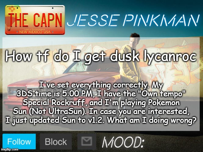 Imma ask this question for anybody who has tried to get a dusk lycanroc | How tf do I get dusk lycanroc; I've set everything correctly. My 3DS time is 5:00 PM, I have the "Own tempo" Special Rockruff, and I'm playing Pokemon Sun (Not UltraSun). In case you are interested, I just updated Sun to v1.2. What am I doing wrong? | image tagged in jesse pinkman template | made w/ Imgflip meme maker