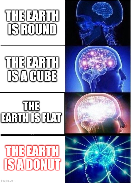 Big brain ong ong fr fr | THE EARTH IS ROUND; THE EARTH IS A CUBE; THE EARTH IS FLAT; THE EARTH IS A DONUT | image tagged in memes,expanding brain | made w/ Imgflip meme maker