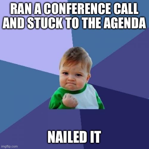 Conference call | RAN A CONFERENCE CALL AND STUCK TO THE AGENDA; NAILED IT | image tagged in memes,success kid | made w/ Imgflip meme maker